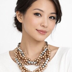 Loft Champagne Faux Pearl Silver Faceted Bead Multi Strand Necklace 103-20